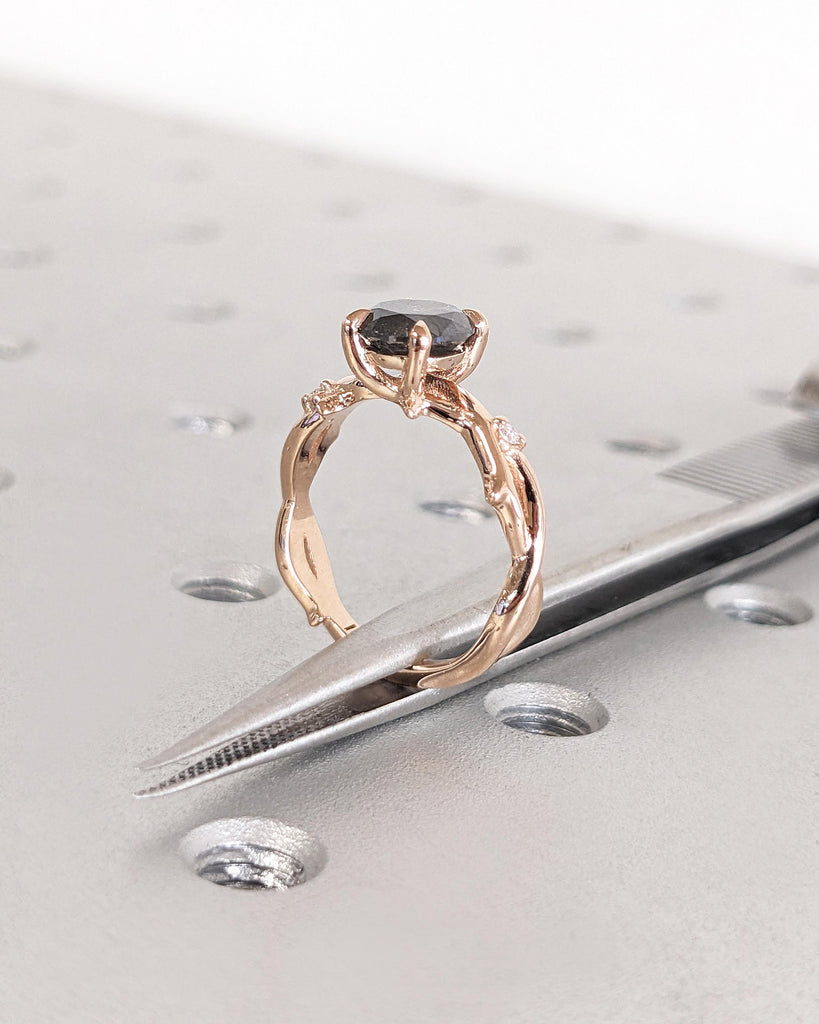 Nature Engagement Ring - Salt and Pepper Diamond Round Cut Ring - Twig Ring - Thorn Branch Nature Ring - 14K Rose Gold Promise Ring for Her