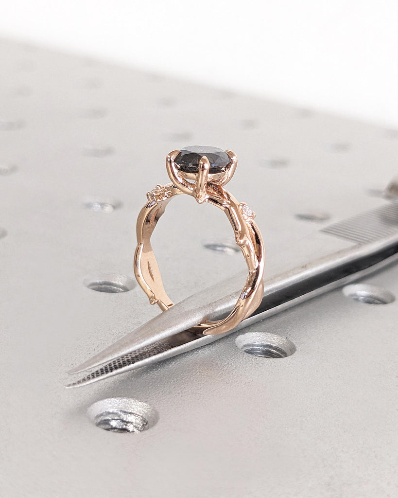 Salt and Pepper Diamond Nature Engagement Ring, Twig Branch Diamond Ring, Twig Engagement Ring, Thorn Twisted Vine Ring, 14K Rose Gold Ring