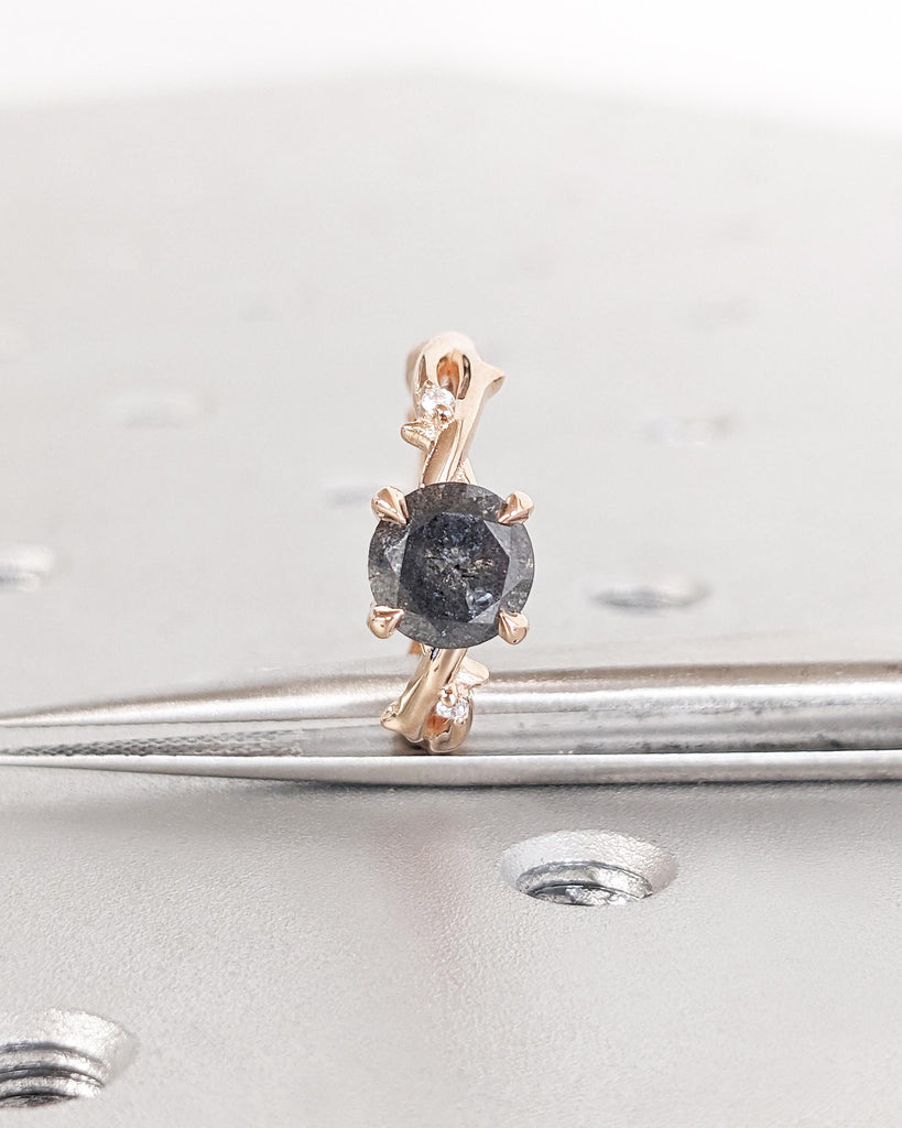 Nature Engagement Ring - Salt and Pepper Diamond Round Cut Ring - Twig Ring - Thorn Branch Nature Ring - 14K Rose Gold Promise Ring for Her