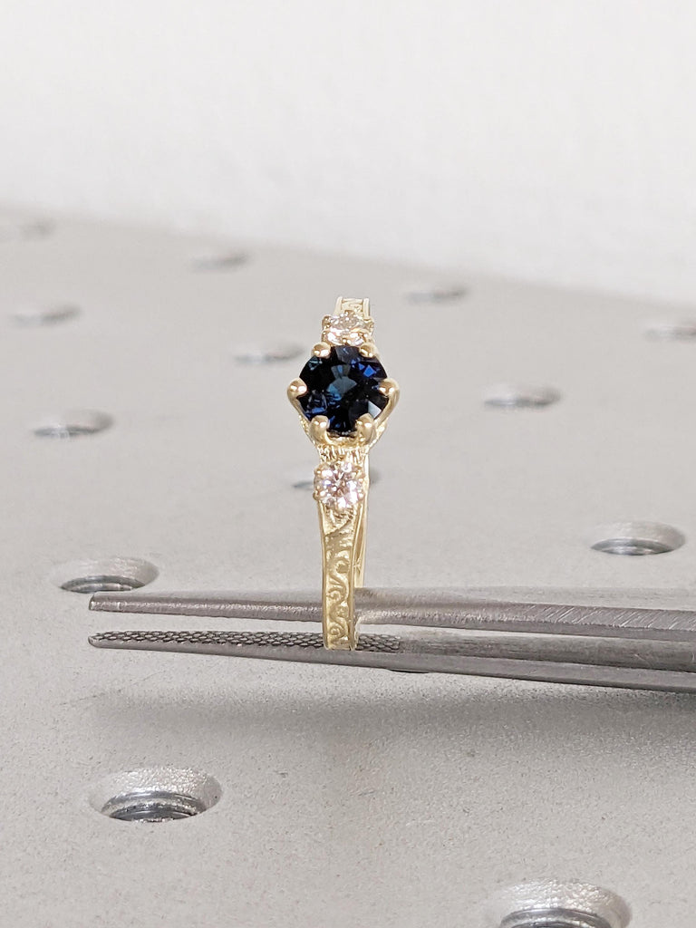 Blue Green Sapphire Engagement Ring, Dainty 14K Solid Gold Ring, Diamond and Peacock Sapphire Ring, Filigree Ring, September Birthstone Ring