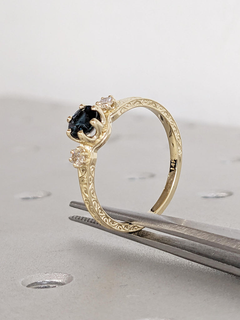 Blue Green Sapphire Engagement Ring, Dainty 14K Solid Gold Ring, Diamond and Peacock Sapphire Ring, Filigree Ring, September Birthstone Ring