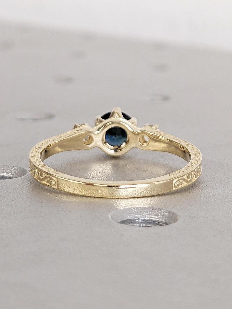 Blue Green Sapphire Engagement Ring, Dainty 14K Solid Gold Ring, Diamond and Peacock Sapphire Ring, Filigree Ring, September Birthstone Ring