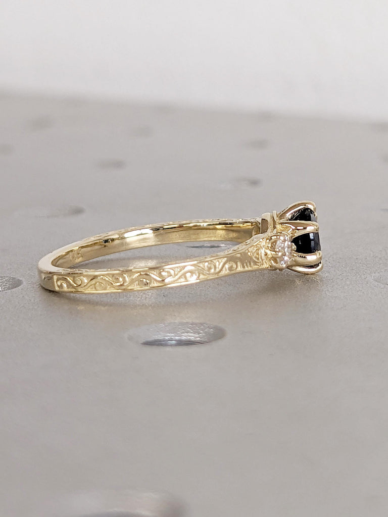 Blue Green Sapphire Engagement Ring, Dainty 14K Solid Gold Ring, Diamond and Peacock Sapphire Ring, Filigree Ring, September Birthstone Ring