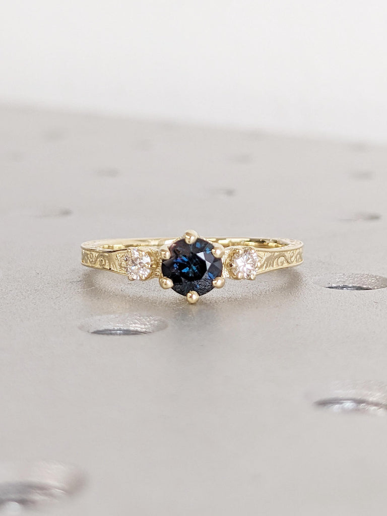 Round Vintage Engagement Ring, One of a Kind Montana Sapphire Ring, Filigree 14k Gold Promise Ring, Moissanite, Teal Sapphire 3 Stone Ring