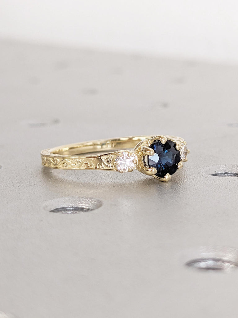 Blue Green Sapphire Engagement Ring, Dainty 14K Solid Gold Ring, Diamond and Peacock Sapphire Ring, Filigree Ring, September Birthstone Ring
