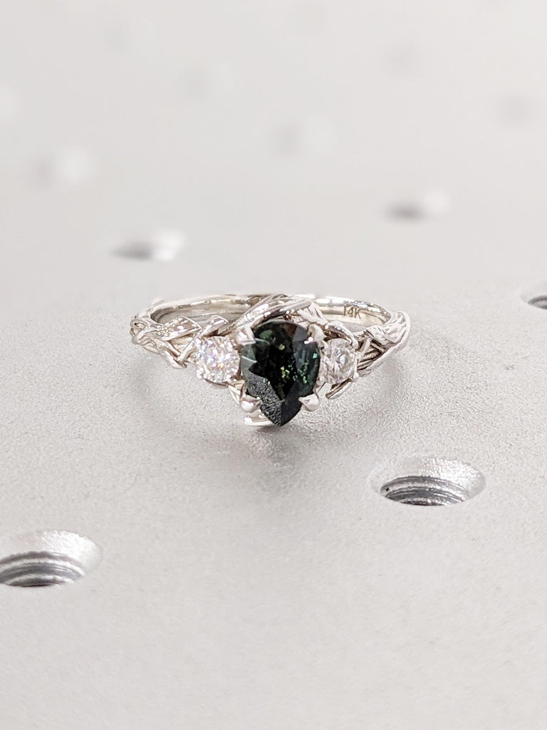 Pear Sapphire Ring, Nature Inspired Ring, 14k White Gold Ring, Montana Sapphire and Diamond Ring, Anniversary Ring, Nature Engagement Ring