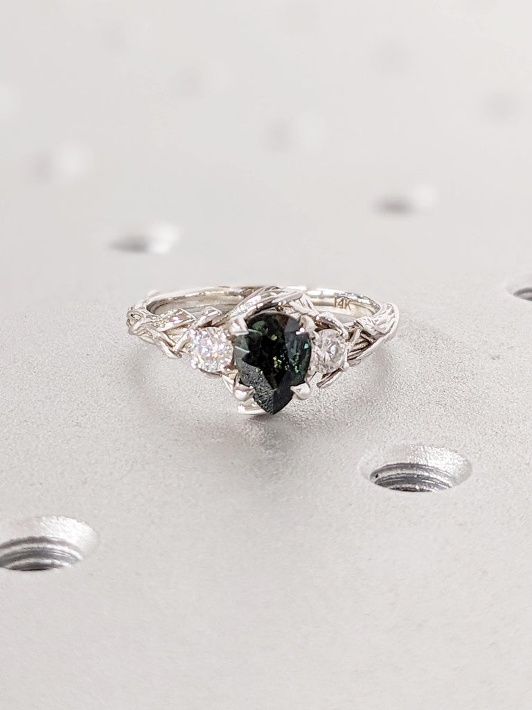 Nature Inspired Engagement Ring | 14k Gold Leaf Ring | Peacock Sapphire Pear Ring | Art Deco Blue Green Sapphire Ring | Pear Engagement Ring