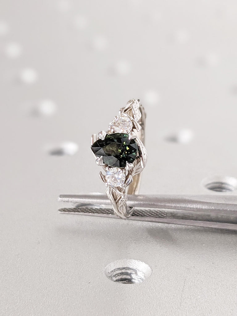 Pear Sapphire Ring, Nature Inspired Ring, 14k White Gold Ring, Montana Sapphire and Diamond Ring, Anniversary Ring, Nature Engagement Ring