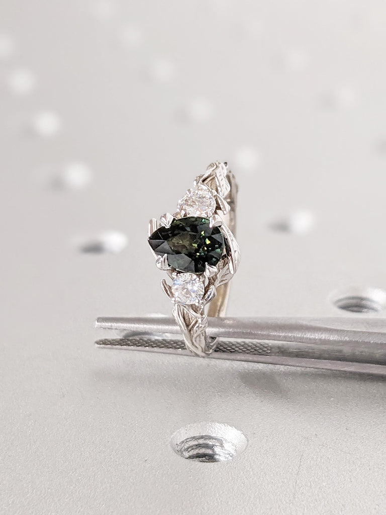 Nature Inspired Engagement Ring | 14k Gold Leaf Ring | Peacock Sapphire Pear Ring | Art Deco Blue Green Sapphire Ring | Pear Engagement Ring