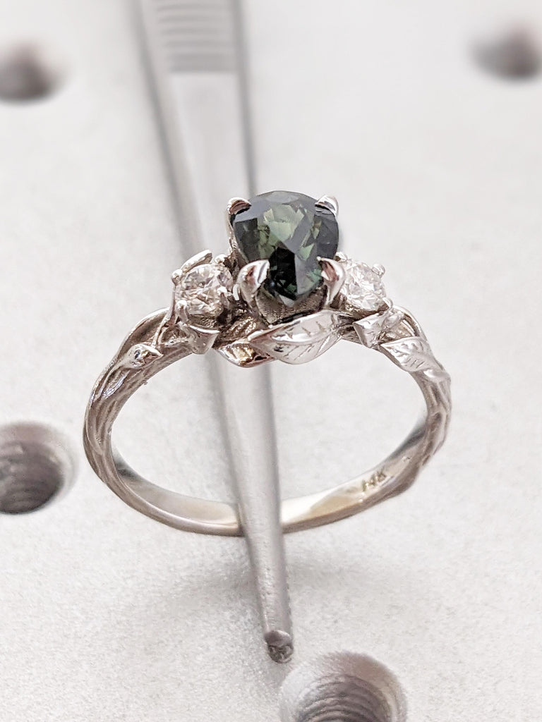 Pear Sapphire Ring, Nature Inspired Ring, 14k White Gold Ring, Montana Sapphire and Diamond Ring, Anniversary Ring, Nature Engagement Ring