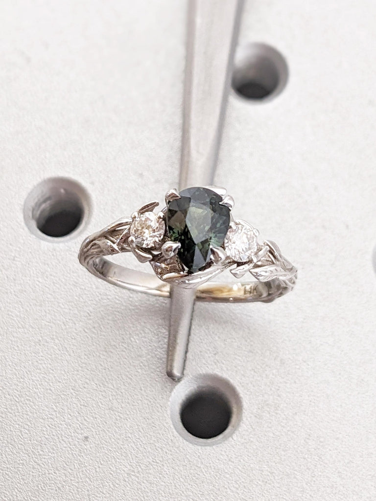 Nature Inspired Engagement Ring | 14k Gold Leaf Ring | Peacock Sapphire Pear Ring | Art Deco Blue Green Sapphire Ring | Pear Engagement Ring