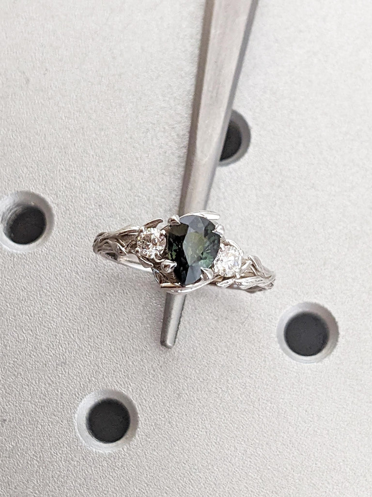 Nature Inspired Engagement Ring | 14k Gold Leaf Ring | Peacock Sapphire Pear Ring | Art Deco Blue Green Sapphire Ring | Pear Engagement Ring