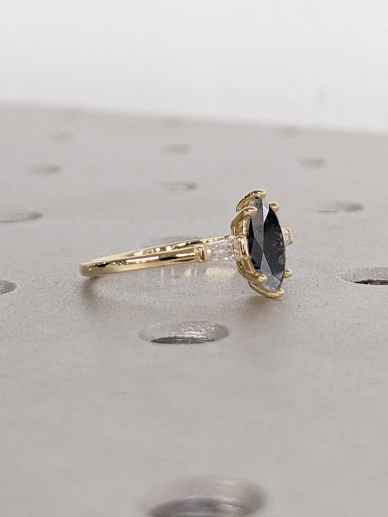 Marquise Engagement Ring, Salt and Pepper Diamond Ring, 14k Solid Gold Ring, Tapered Baguette Diamond Ring, Personalized Ring, Gift for Wife
