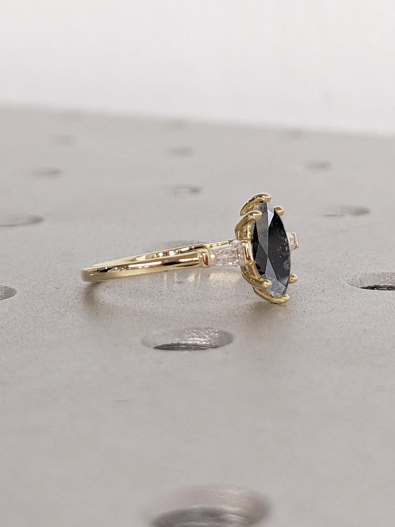 Salt and Pepper Diamond Marquise Ring, Dainty Diamond Ring, 14k Yellow Gold Statement Rings for Women, Women Wedding Ring, Engagement Gift