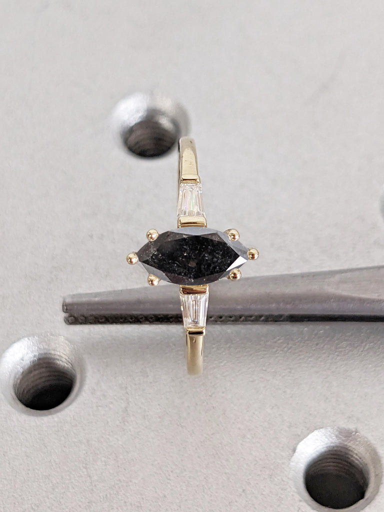 Marquise Engagement Ring, Salt and Pepper Diamond Ring, 14k Solid Gold Ring, Tapered Baguette Diamond Ring, Personalized Ring, Gift for Wife