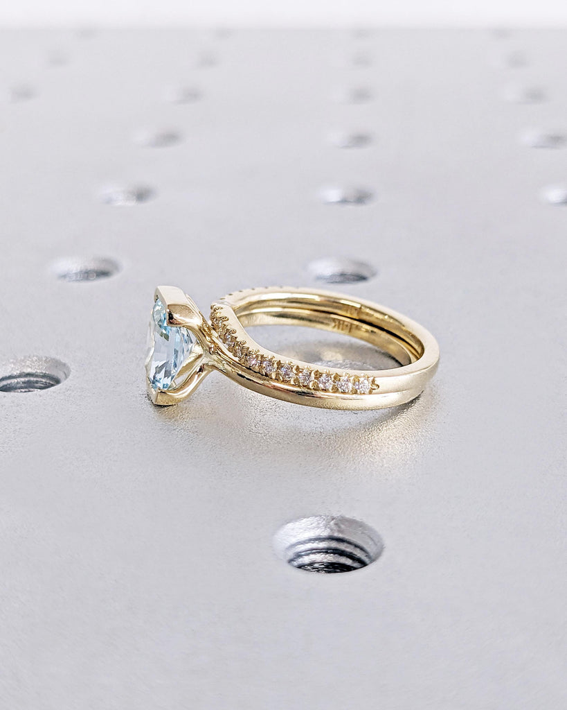 Unique Aquamarine Ring Set | Bridal Wedding Ring Set | Floating Bezel 14K Radiant Cut Aquamarine Blue Promise Ring | Stackable Diamond Band