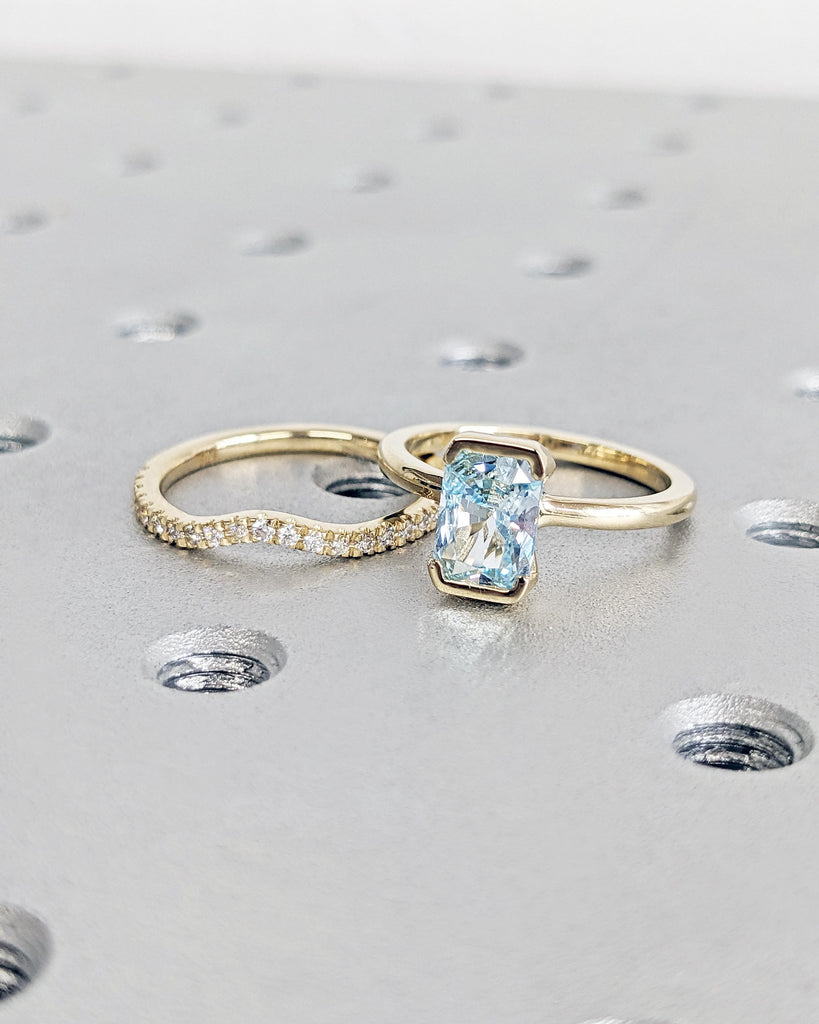 Radiant Cut Lab Aquamarine Engagement Ring Set 14K Yellow Gold Bridal Set Floating Bezel Blue Aquamarine Promise Ring Wedding Set for Women