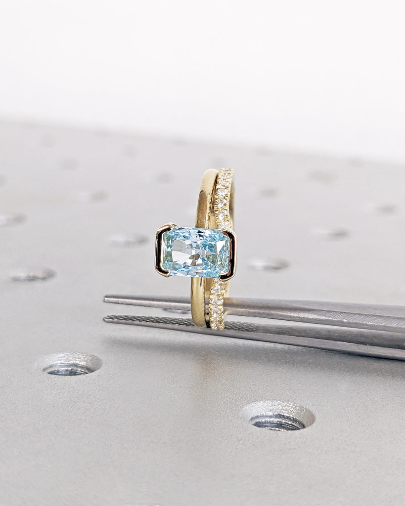 Radiant Cut Aquamarine Engagement Ring Set, 14K Gold Wedding Ring Set, Moissanite Curved Wedding Band, Unique Blue Promise Ring Gift for Her