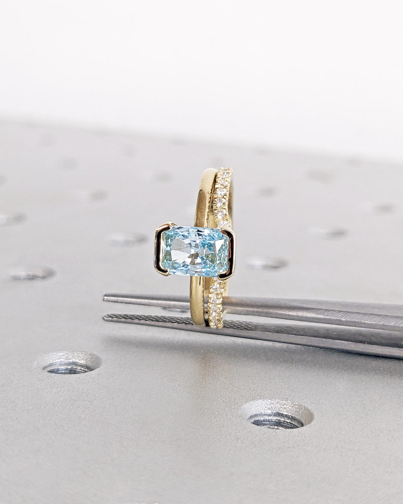 Unique Aquamarine Ring Set | Bridal Wedding Ring Set | Floating Bezel 14K Radiant Cut Aquamarine Blue Promise Ring | Moissanite Wedding Band