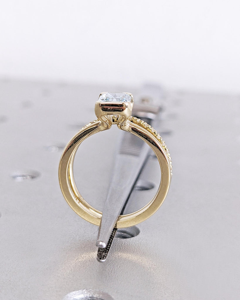 Radiant Cut Aquamarine Engagement Ring Set, 14K Gold Wedding Ring Set, Moissanite Curved Wedding Band, Unique Blue Promise Ring Gift for Her