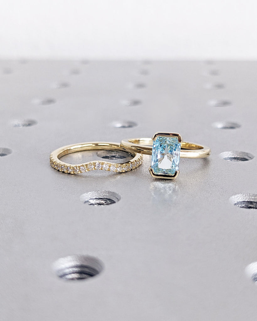 Radiant Cut Aquamarine Engagement Ring Set, 14K Gold Wedding Ring Set, Moissanite Curved Wedding Band, Unique Blue Promise Ring Gift for Her