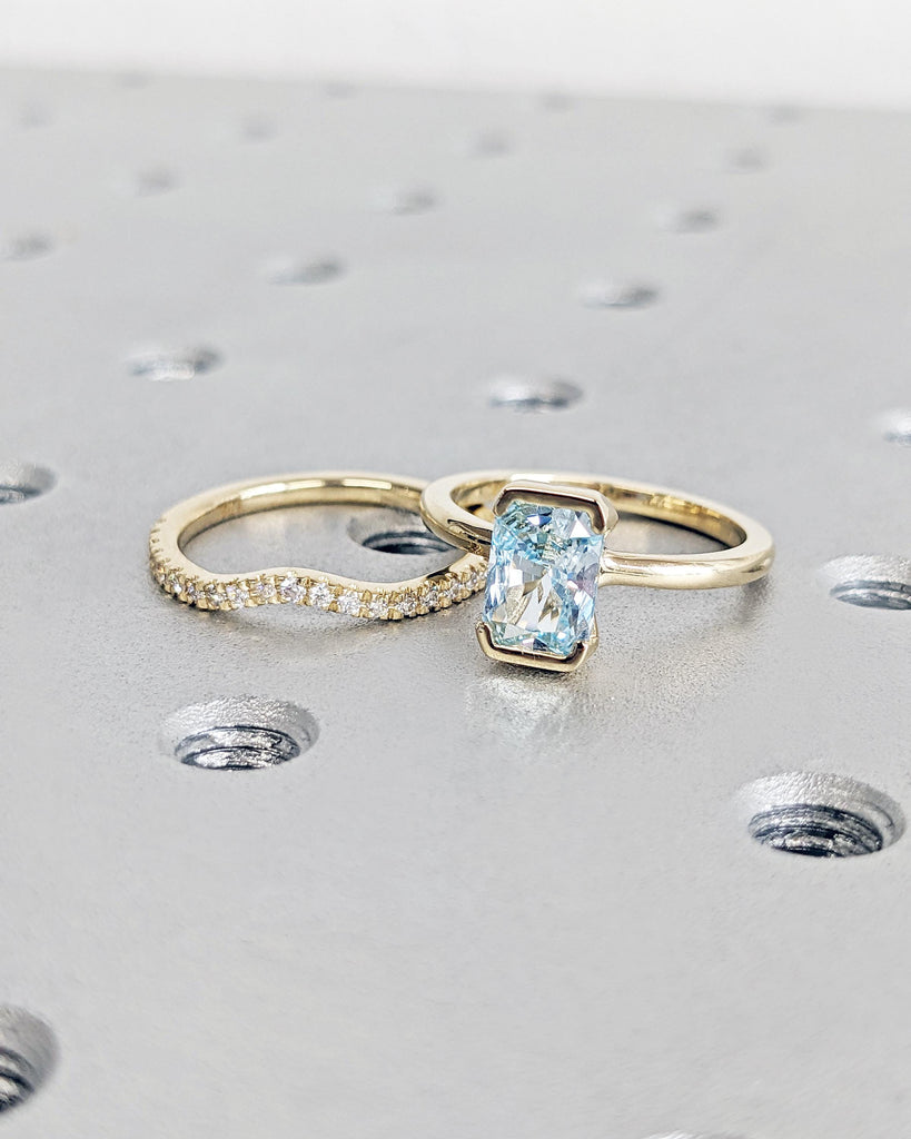 Radiant Cut Aquamarine Engagement Ring Set, 14K Gold Wedding Ring Set, Moissanite Curved Wedding Band, Unique Blue Promise Ring Gift for Her