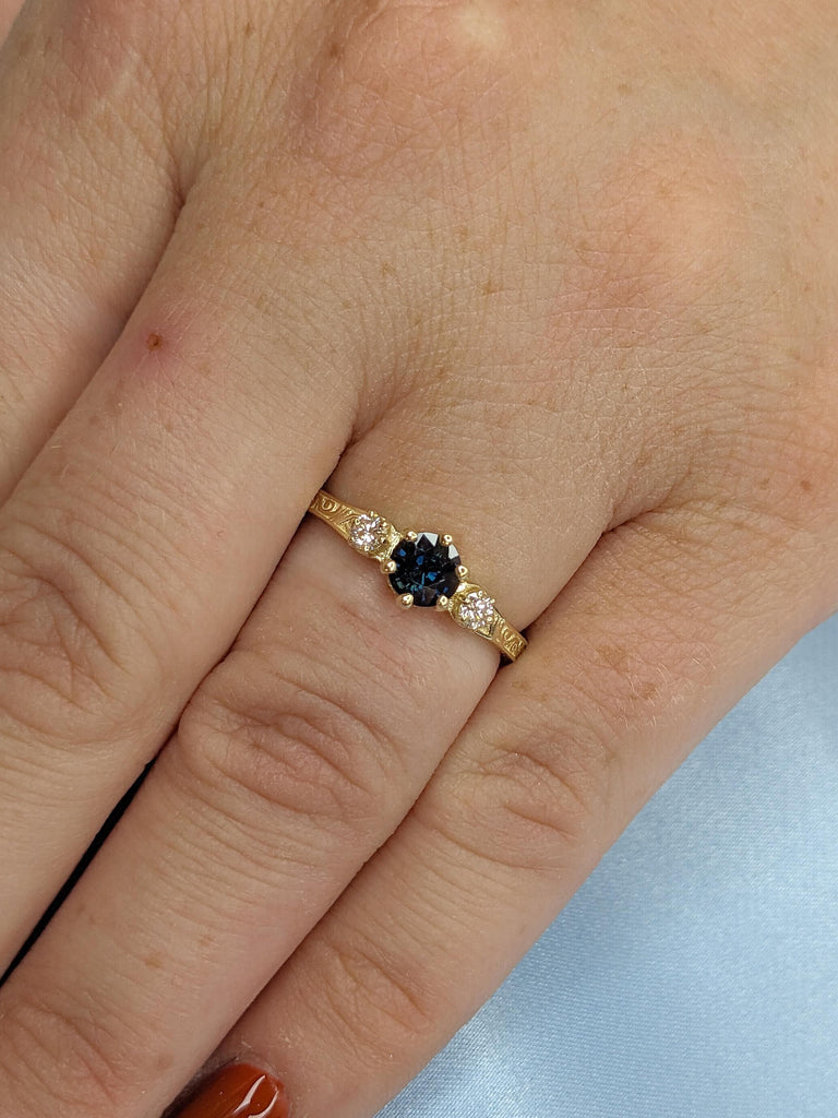Round Vintage Engagement Ring, One of a Kind Montana Sapphire Ring, Filigree 14k Gold Promise Ring, Moissanite, Teal Sapphire 3 Stone Ring