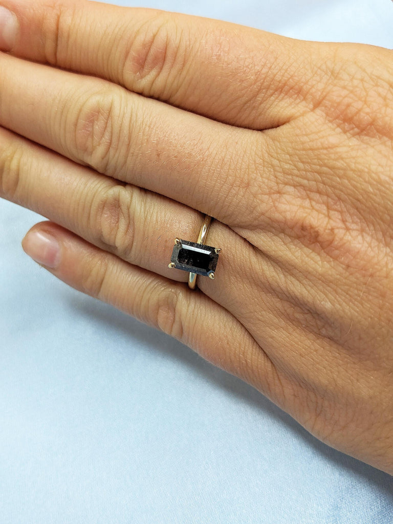 Salt and Pepper Emerald Cut Engagement Ring, Solitaire Ring