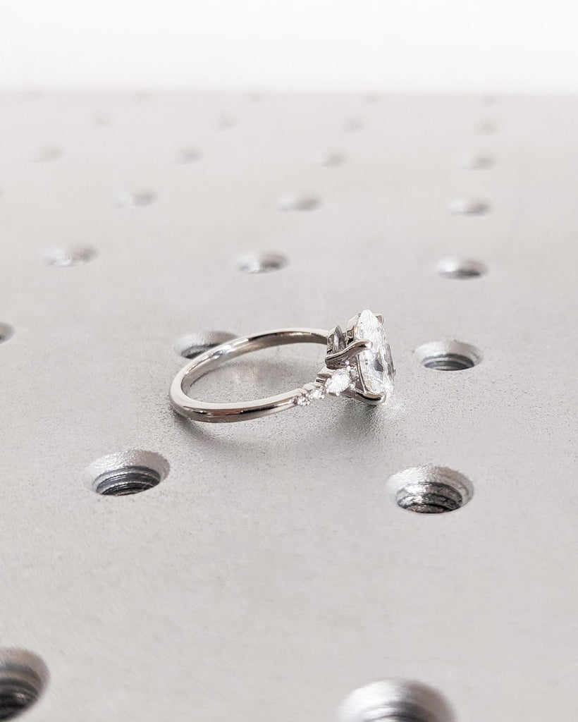 Lab Grown Diamond Engagement Ring | Oval Lab Diamond Ring | Platinum, 14K Solid Gold Wedding Ring | Pear Moissanite or Diamond Cluster Ring image #6