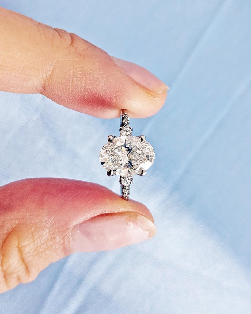 Lab Grown Diamond Engagement Ring | Oval Lab Diamond Ring | Platinum, 14K Solid Gold Wedding Ring | Pear Moissanite or Diamond Cluster Ring