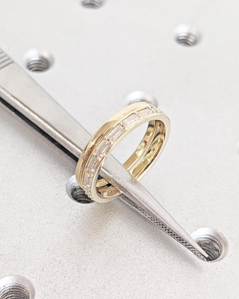 14K Gold Half Eternity Baguette Diamond Stackable Ring and Simple Delicate Ring Matching Stackable Wedding Bands Set of 2 Thin Wedding Bands