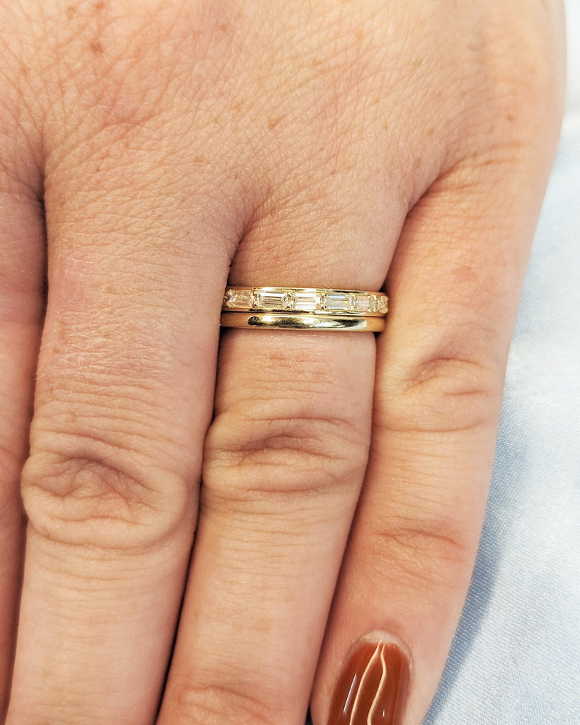 14K Gold Half Eternity Baguette Moissanite Stackable Ring and Plain Delicate Ring, Matching Wedding Bands, Dainty Wedding Ring Set of Two Thin Wedding Bands for Women
