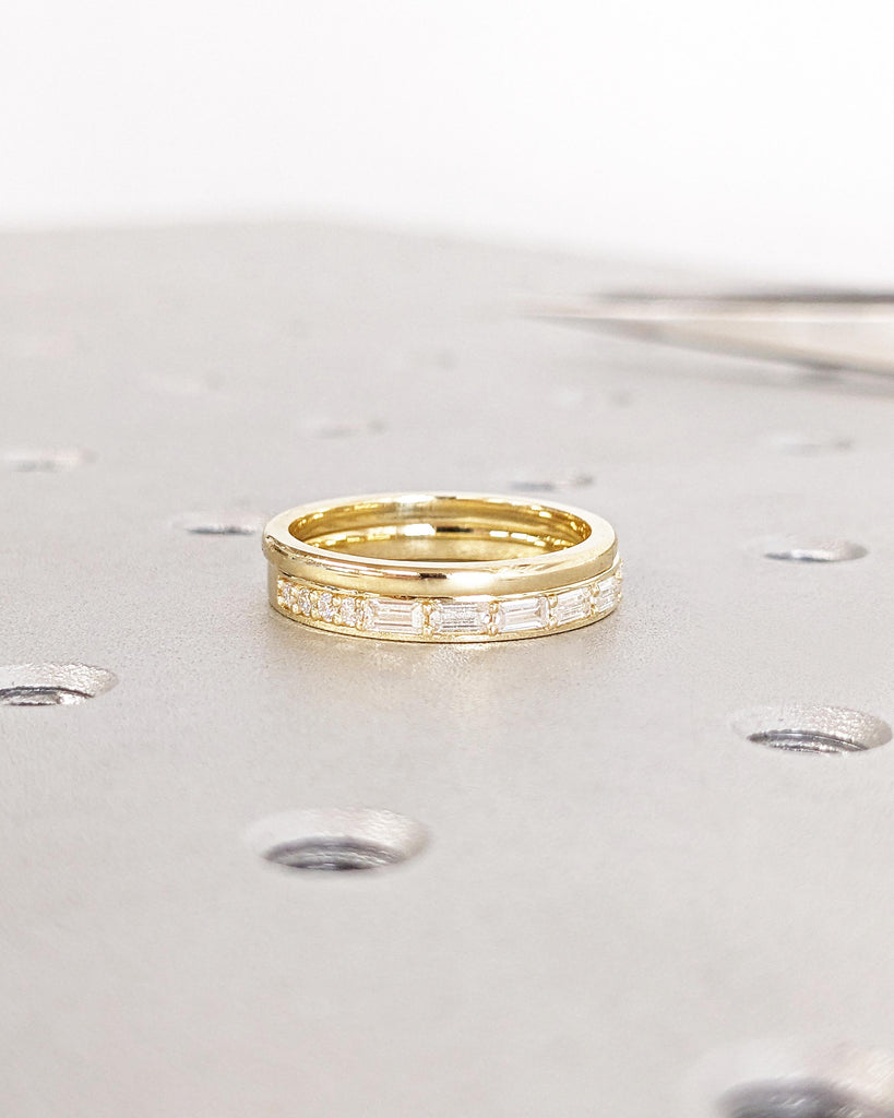 Double Wedding Bands Set of 2 Rings / Baguette and Round Moissanite Wedding Band / 14K Gold Dainty Band / Matching Stacking Rings for Women