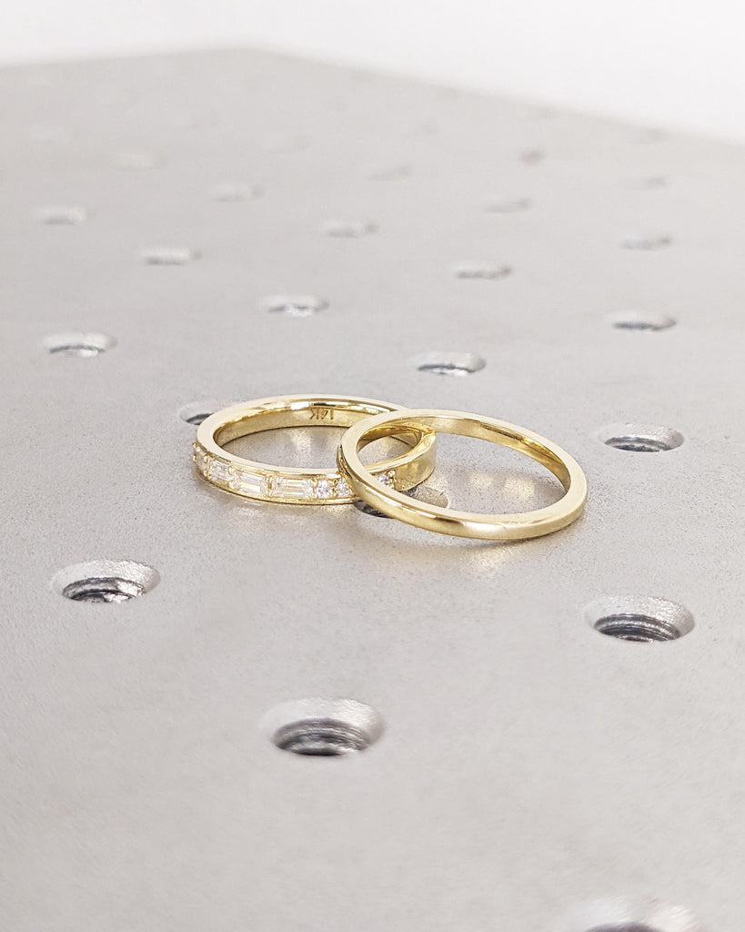 Wedding Ring Set / Baguette and Round Diamond Wedding Band / 14K Gold Plain Gold Band Stacking Matching Ring / Stacking Ring / Wedding Rings