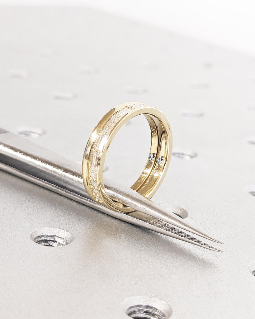 Wedding Ring Set / Baguette and Round Diamond Wedding Band / 14K Gold Plain Gold Band Stacking Matching Ring / Stacking Ring / Wedding Rings