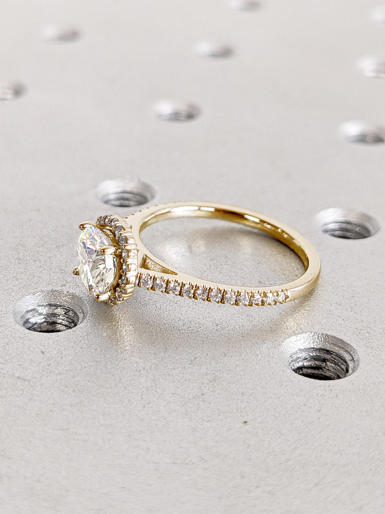 Halo Lab Grown Diamond Engagement Ring, Unique 14k Solid Gold Ring, Half Eternity Lab Diamond Ring, Dainty Comfort Fit Ring, Girlfriend Gift