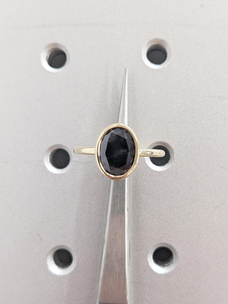 Salt and Pepper Oval Engagement Ring, Solitaire Ring for Women, Dainty 14k Solid Gold Bezel Set Ring, Simple Diamond Ring, Oval Promise Ring