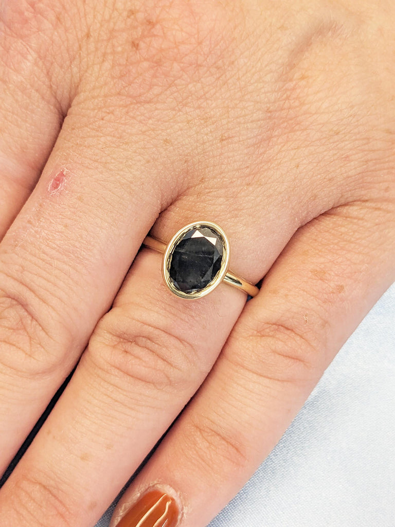 Salt and Pepper Oval Engagement Ring, Solitaire Ring for Women, Dainty 14k Solid Gold Bezel Set Ring, Simple Diamond Ring, Oval Promise Ring