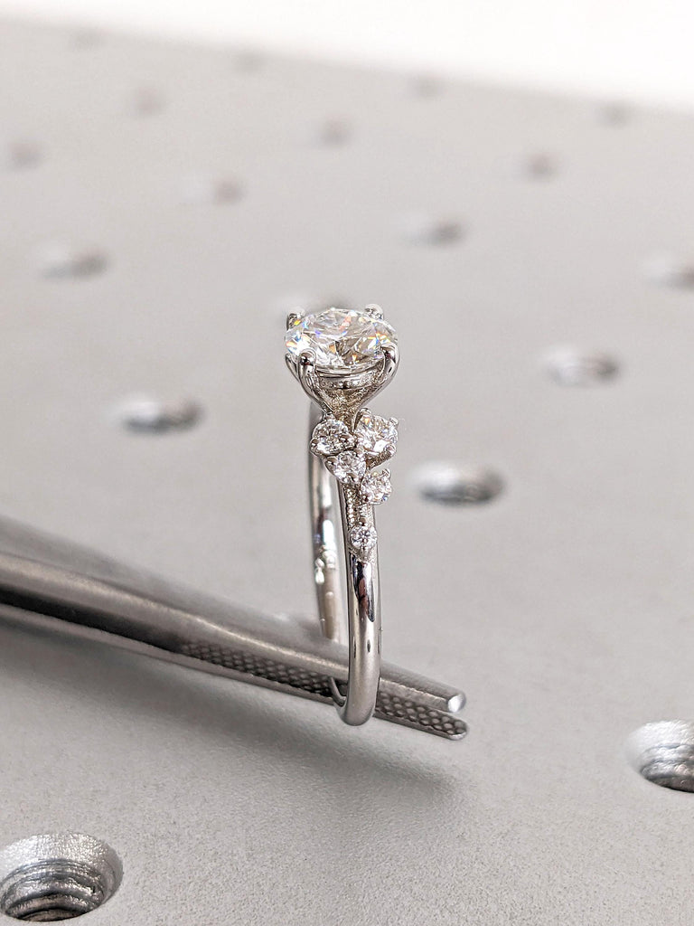 18K White Gold Engagement Ring with Round Lab Grown Diamond | Unique Snowdrift Diamond Cluster Proposal Ring | Art Deco Wedding Ring for Her