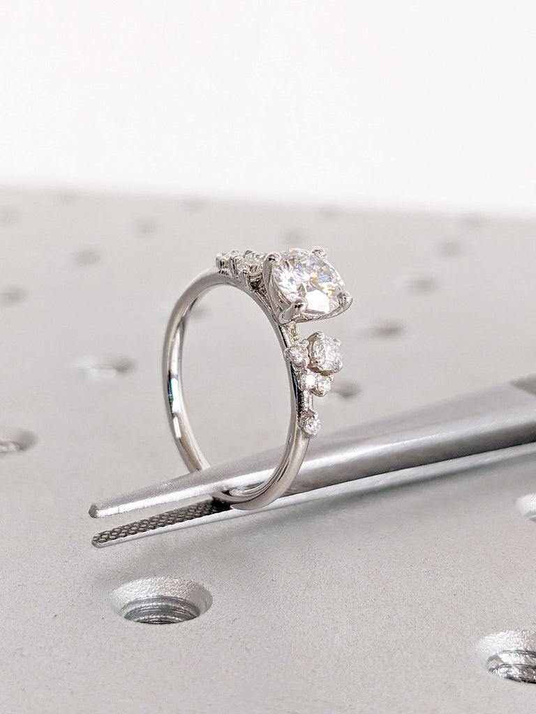 18K White Gold Engagement Ring with Round Lab Grown Diamond | Unique Snowdrift Diamond Cluster Proposal Ring | Art Deco Wedding Ring for Her