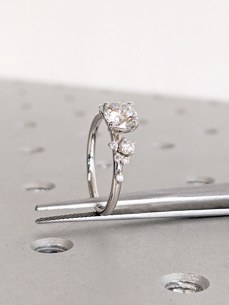 Round Moissanite Ring | Vintage Moissanite Engagement Ring | White Gold Unique Snowdrift 4 prong Engagement Ring | Diamond Wedding Ring for Women