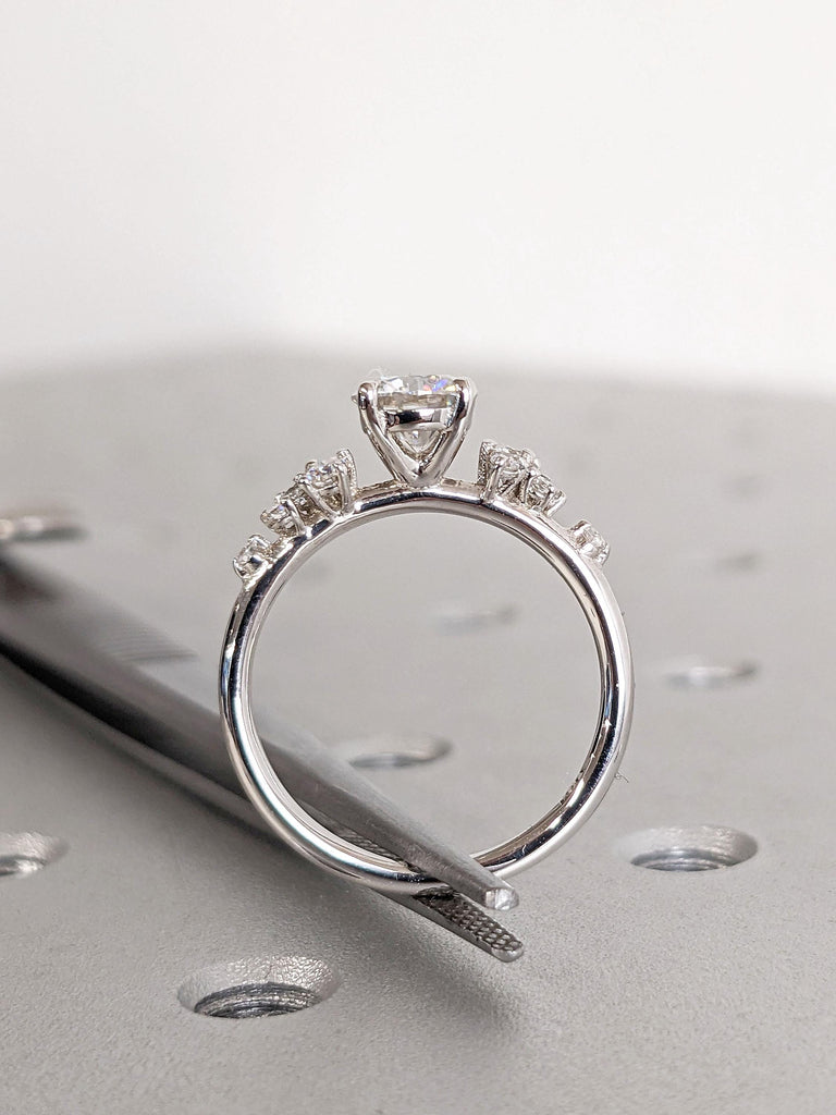 Round Moissanite Ring | Vintage Moissanite Engagement Ring | White Gold Unique Snowdrift 4 prong Promise Ring | Diamond Wedding Ring Women