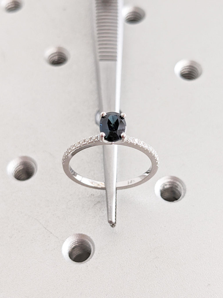 One of a Kind Teal Sapphire Engagement Ring, Oval Blue Green Sapphire Ring, Moissanite Half Eternity Ring, White Gold Ring, Birthstone Ring