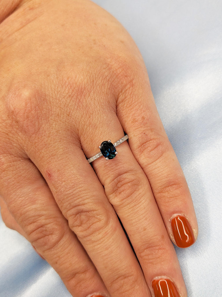 One of a Kind Teal Sapphire Engagement Ring, Oval Blue Green Sapphire Ring, Moissanite Half Eternity Ring, White Gold Ring, Birthstone Ring