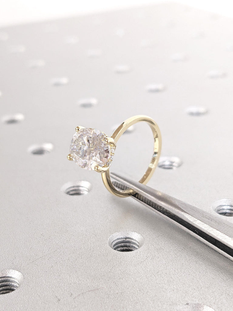 Hidden Halo Dainty Solid Gold Ring, Gold Statement Ring