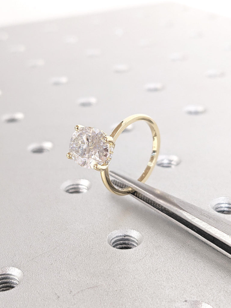 Hidden Halo Dainty Solid Gold Ring, Gold Statement Ring