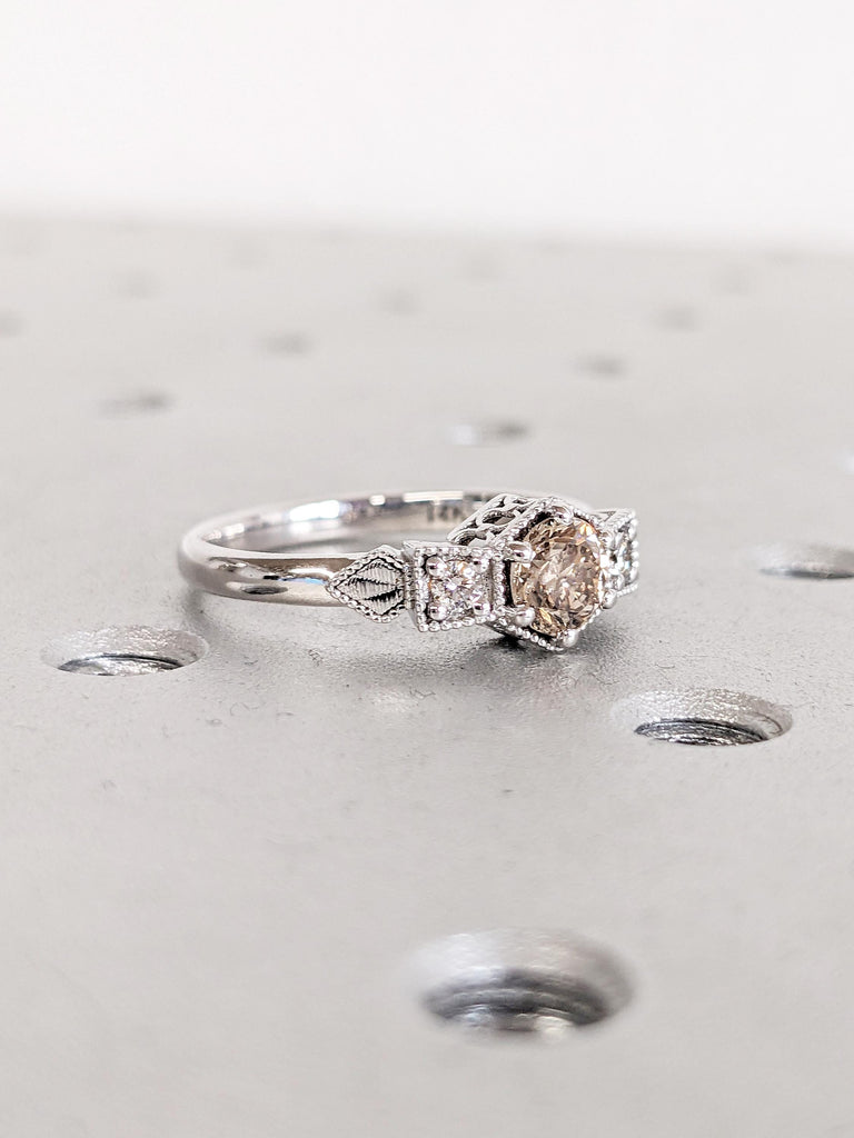 Vintage Champagne Diamond Ring, 14k Gold Engagement Ring, Unique Bridal Ring, Art Deco Diamond Ring, Promise Ring for Her, Anniversary Gift