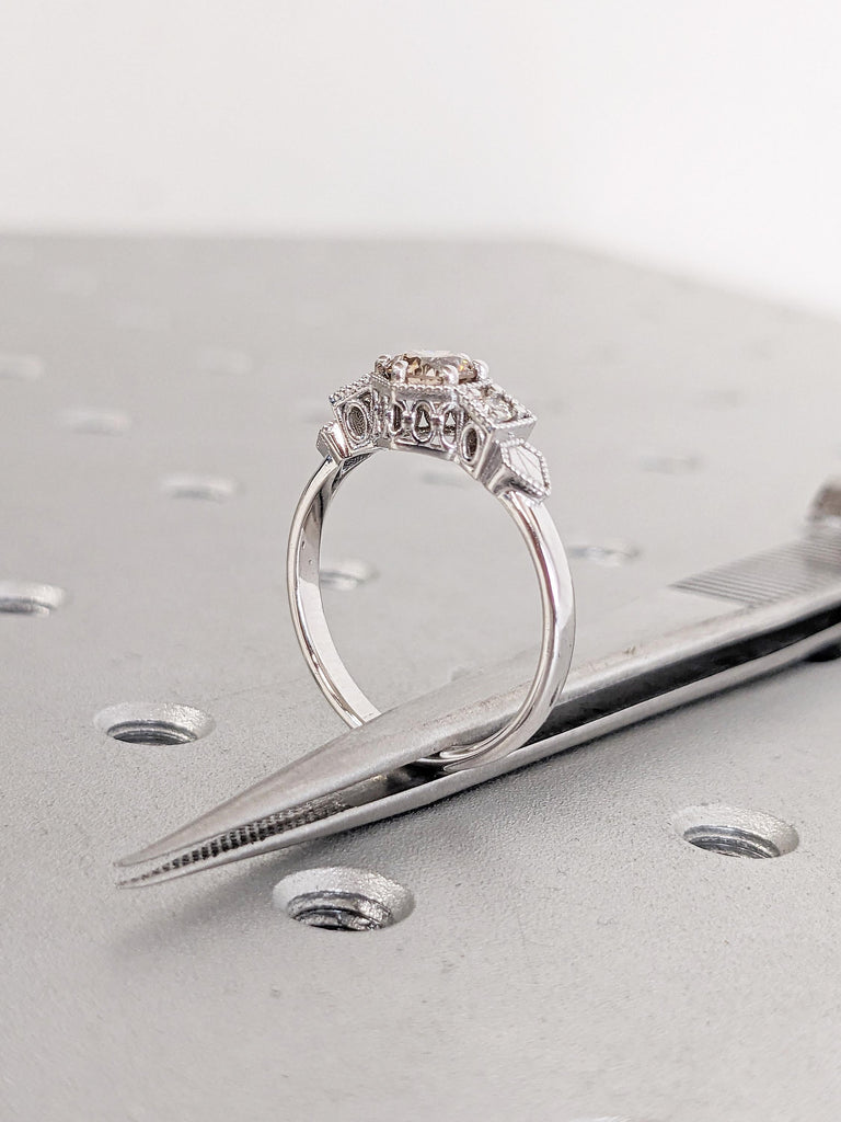 Round Champagne Diamond Ring, White Gold Ring, Milgrain Engagement Ring, Antique Ring, Vintage Style Ring, Moissanite and Brown Diamond Ring
