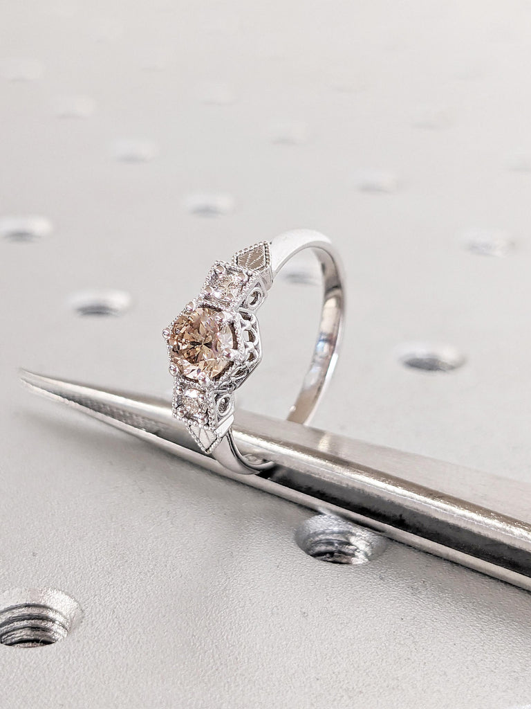 Round Champagne Diamond Ring, White Gold Ring, Milgrain Engagement Ring, Antique Ring, Vintage Style Ring, Moissanite and Brown Diamond Ring