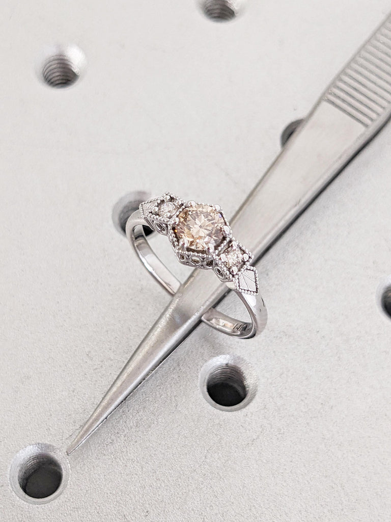 Round Champagne Diamond Ring, White Gold Ring, Milgrain Engagement Ring, Antique Ring, Vintage Style Ring, Moissanite and Brown Diamond Ring